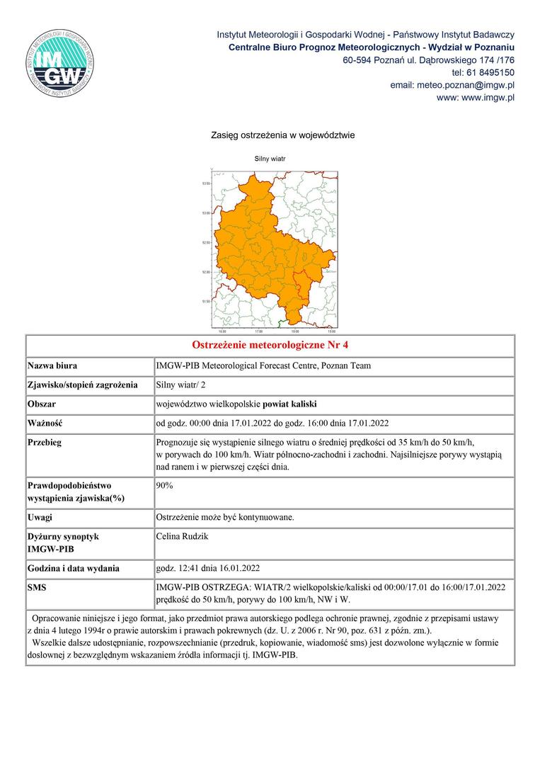 17.01.2022 ostrzeżenie meteorologiczne przed silnym wiatrem obowiązujące od godz. 00:00 dnia 17.01.2022 do godz. 16:00 dnia 17.01.2022