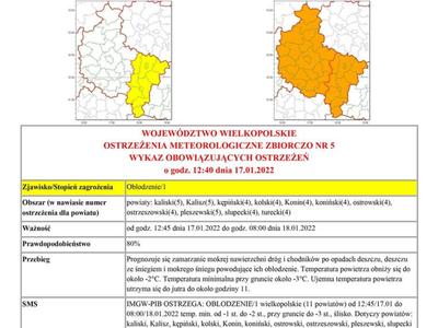 ostrzeżenie meteorologiczne przed silnym wiatrem i oblodzeniem obowiązujące od godz. 12:45 dnia 17.01.2022 do godz. 08:00 dnia 18.01.2022