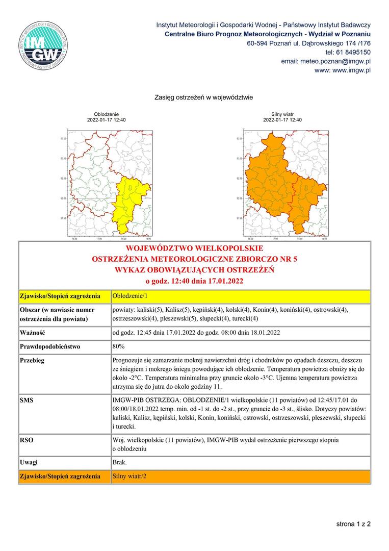 ostrzeżenie meteorologiczne przed silnym wiatrem i oblodzeniem obowiązujące od godz. 12:45 dnia 17.01.2022 do godz. 08:00 dnia 18.01.2022