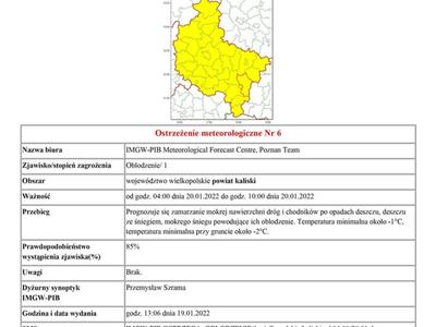 ostrzeżenie meteorologiczne - oblodzenie obowiązujące od godz. 04:00 dnia 20.01.2022 do godz. 10:00 dnia 20.01.2022