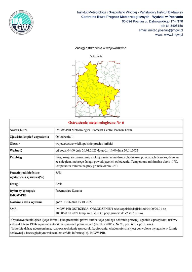 ostrzeżenie meteorologiczne - oblodzenie obowiązujące od godz. 04:00 dnia 20.01.2022 do godz. 10:00 dnia 20.01.2022