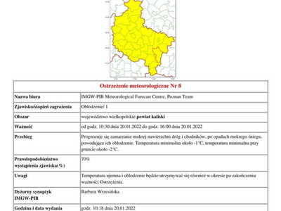 ostrzeżenie meteorologiczne o oblodzeniu obowiązujące od godz. 10:30 dnia 20.01.2022 do godz. 16:00 dnia 20.01.2022