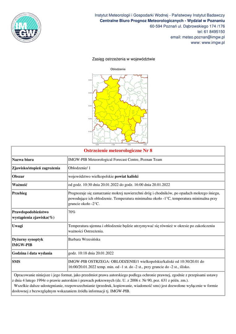 ostrzeżenie meteorologiczne o oblodzeniu obowiązujące od godz. 10:30 dnia 20.01.2022 do godz. 16:00 dnia 20.01.2022