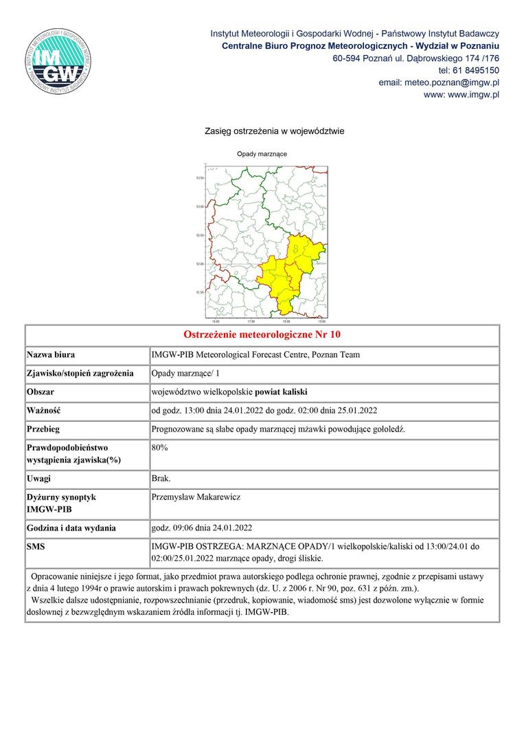 ostrzeżenie meteorologiczne o marznących opadach obowiązujące od godz. 13:00 dnia 24.01.2022 do godz. 02:00 dnia 25.01.2022 