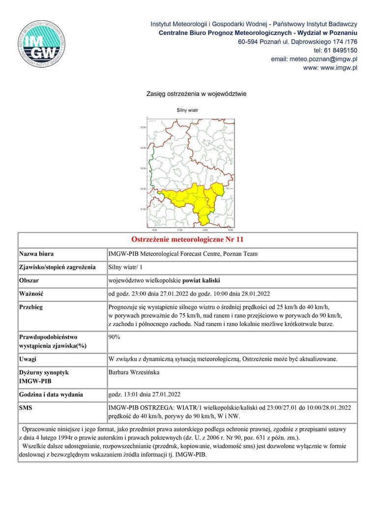 ostrzeżenie meteorologiczne przed silnym wiatrem obowiązujące  od godz. 23:00 dnia 27.01.2022 do godz. 10:00 dnia 28.01.2022
