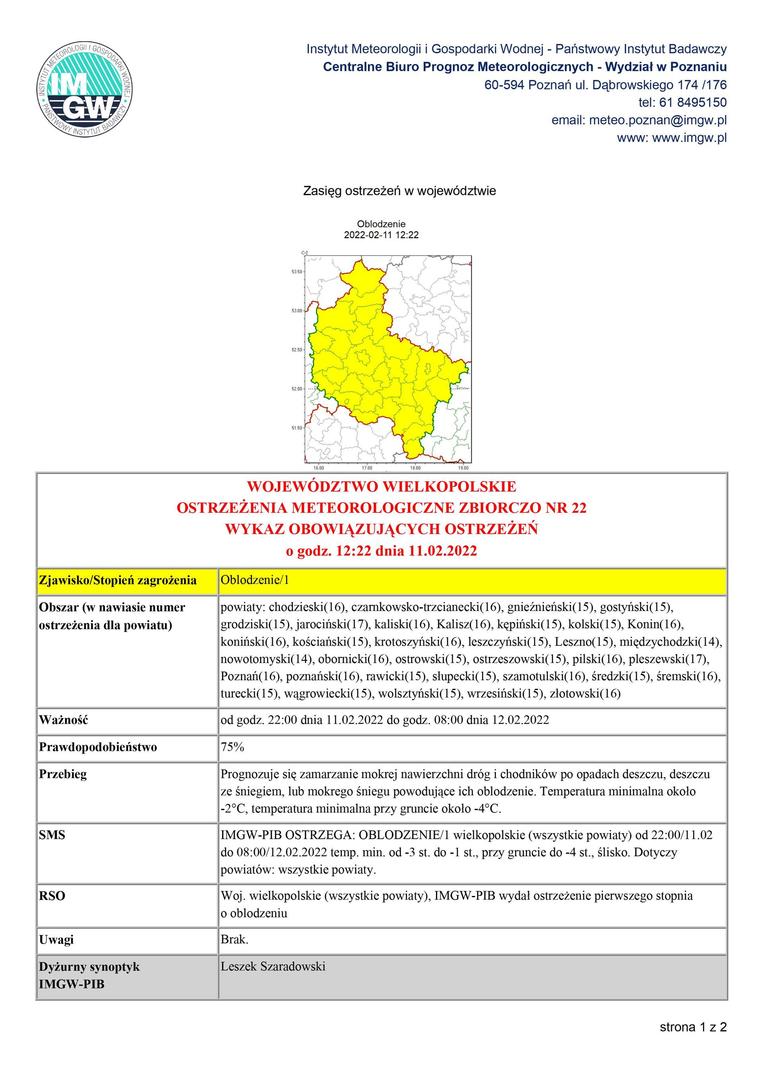02.11.2022 ostrzeżenie meteorologiczne - oblodzenie obowiązujące od godz. 22:00 dnia 11.02.2022 do godz. 08:00 dnia 12.02.2022
