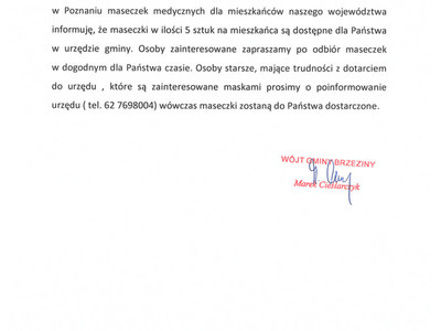 Pismo wójta informujące o dystrybucji maseczek