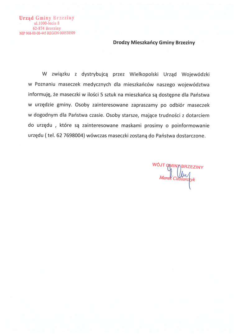 Pismo wójta informujące o dystrybucji maseczek