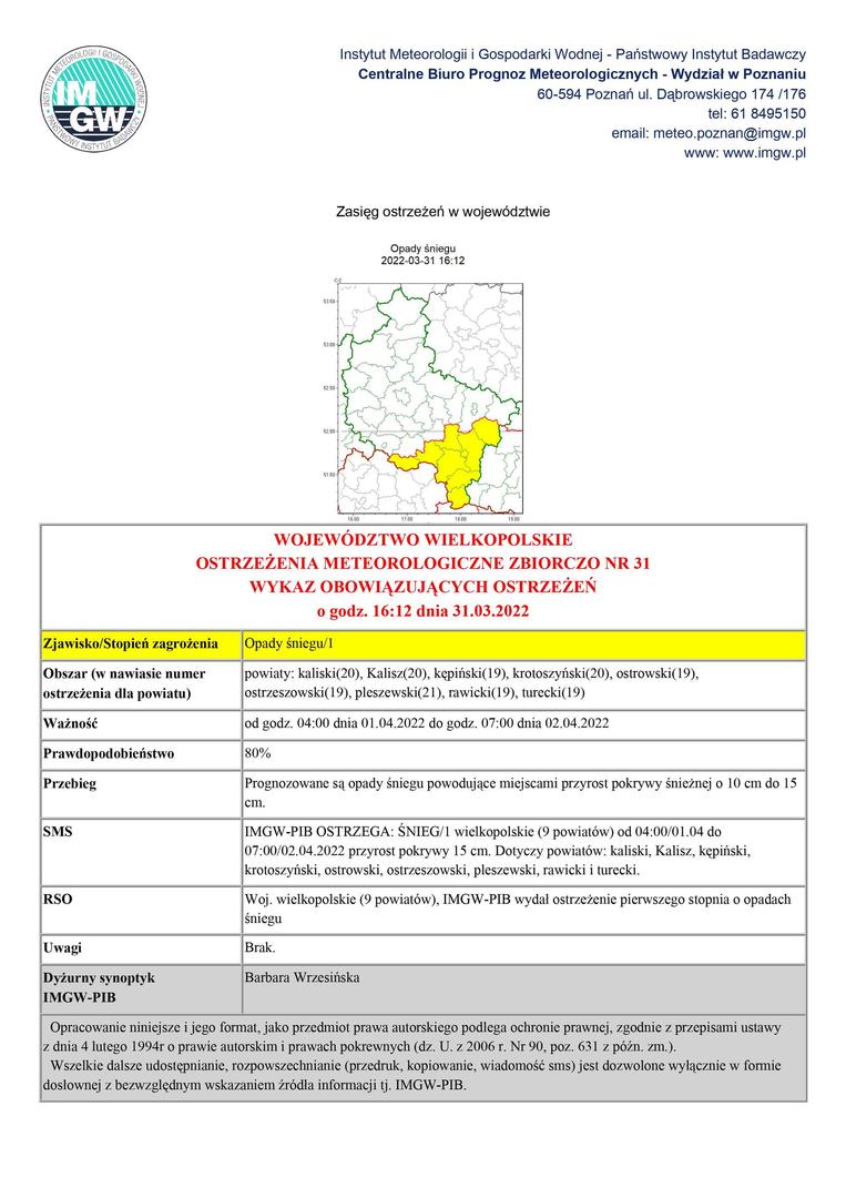 Ostrzeżenie meteorologiczne - opady śniegu