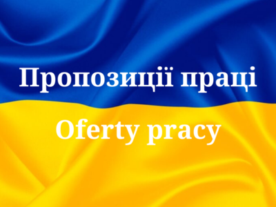 flaga ukraińska, na fladze napis w języku ukraińskim oferty pracy