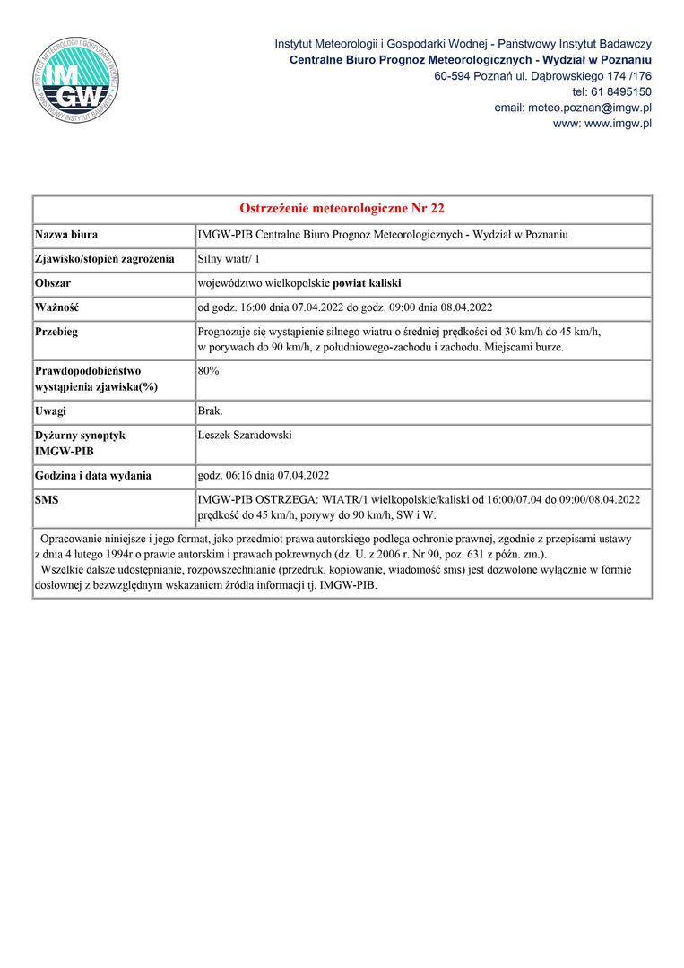Ostrzeżenie meteorologiczne silny wiatr od godz. 16:00 dnia 07.04.2022 do godz. 09:00 dnia 08.04.2022