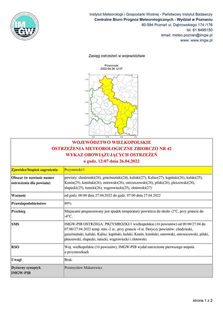 ostrzeżenie meteorologiczne o przymrozkach obowiązujące od godz. 00:00 dnia 27.04.2022 do godz. 07:00 dnia 27.04.2022