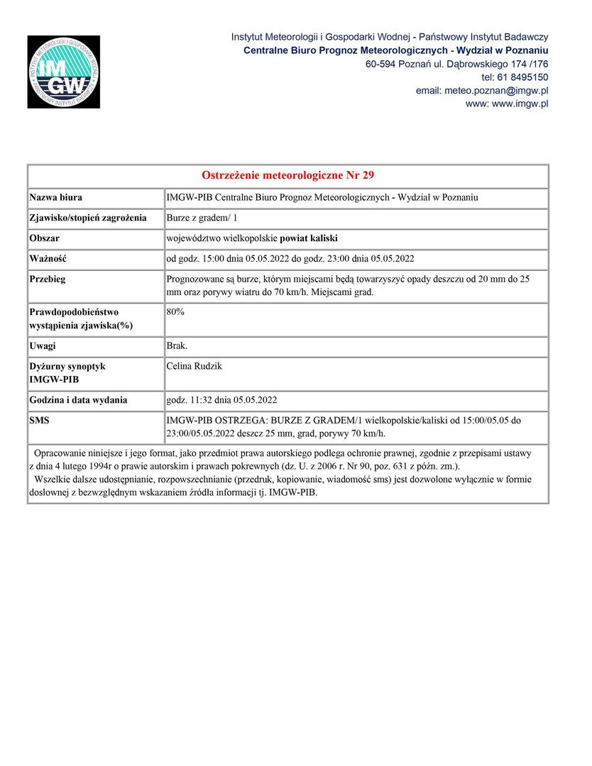 ostrzeżenie meteorologiczne: burze z gradem obowiązuje od godz. 15:00 dnia 05.05.2022 do godz. 23:00 dnia 05.05.2022