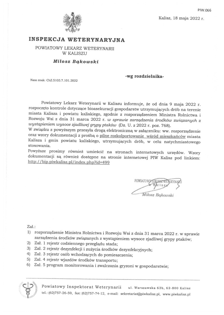 Informacja powiatowego lekarza weterynarii o kontrolach dotyczących bioasekuracji gospodarstw utrzymujących drób na terenie miasta Kalisza i powiatu kaliskiego