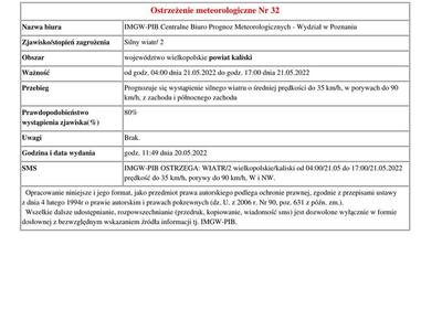 ostrzeżenie meteorologiczne burze z gradem od godz. 04:00 dnia 21.05.2022 do godz. 17:00 dnia 21.05.2022