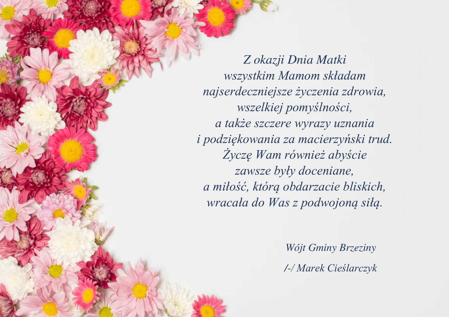Z okazji Dnia Matki wszystkim Mamom składam najserdeczniejsze życzenia zdrowia, wszelkiej pomyślności, a także szczere wyrazy uznania
i podziękowania za macierzyński trud. Życzę Wam również abyście zawsze były doceniane, a miłość, którą obdarzacie bliskich, wracała do as z podwojoną siłą. Wójt Gminy Brzeziny Marek Cieślarczyk
