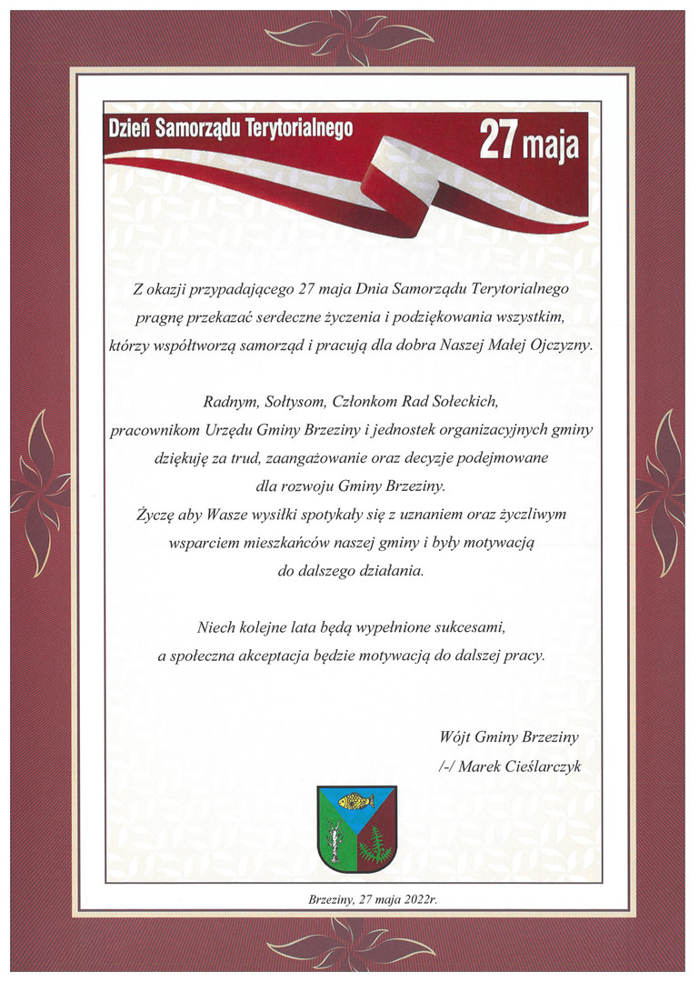 Życzenia z okazji Dnia Samorządu Terytorialnego