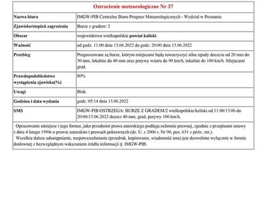 ostrzeżenie meteorologiczne o burzach z gradem obowiązujące od godz. 11:00 dnia 13.06.2022 do godz. 20:00 dnia 13.06.2022