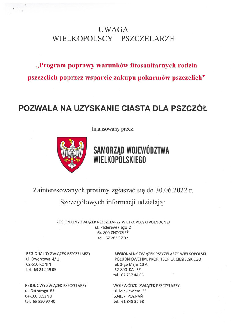 Informacja o możliwości przystąpienia do udziału w programie "Program poprawy warunków fitosanitarnych rodzin pszczelich poprzez wsparcie zakupu pokarmów pszczelich"