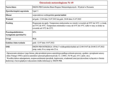 ostrzeżenie meteorologiczne - upał - obowiązuje od godz. 12:00 dnia 19.07.2022 do godz. 20:00 dnia 21.07.2022