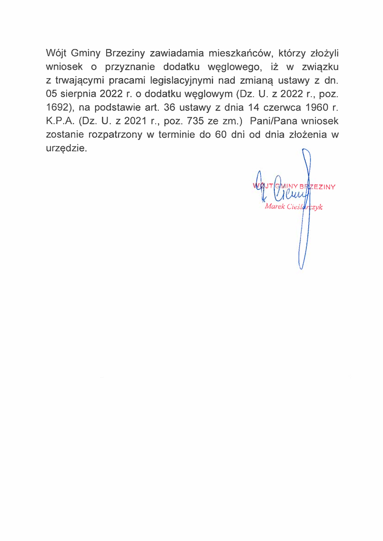 informacja o wnioskach na dodatek węglowy