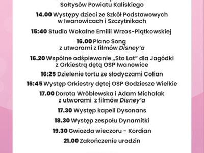 program urodzin Jagódki Michalak 30.09.2022 Szałe godzina 14:00