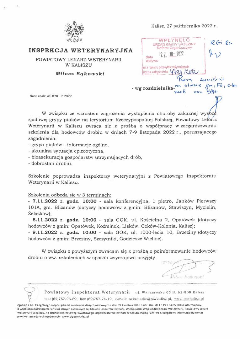 9.11.2022 r. godz. 10:00 — sala GOK, ul. 1000-lecia 10, Brzeziny (dotyczy hodowców z gmin: Brzeziny, Szczytniki, Godziesze Wielkie).