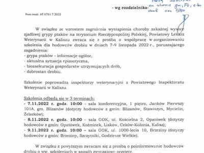9.11.2022 r. godz. 10:00 — sala GOK, ul. 1000-lecia 10, Brzeziny (dotyczy hodowców z gmin: Brzeziny, Szczytniki, Godziesze Wielkie).
