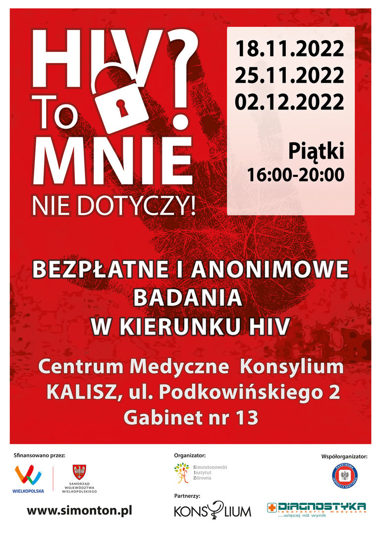 Anonimowe i bezpłatne badania HIV w KALISZU w dniach  18 i 25 listopada oraz 2 grudnia  2022 r. w godzinach od 16.00 -20.00
