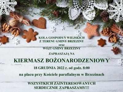 zaproszenie na kiermasz bożonarodzeniowy 18.12.2022 plac przy kościele parafialnym od godziny 8.00