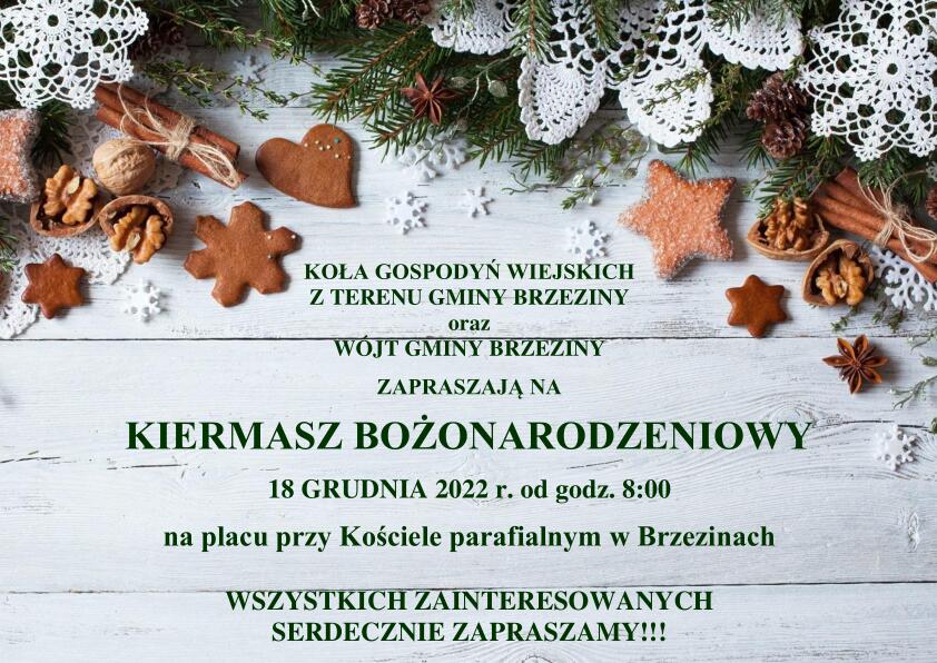 zaproszenie na kiermasz bożonarodzeniowy 18.12.2022 plac przy kościele parafialnym od godziny 8.00