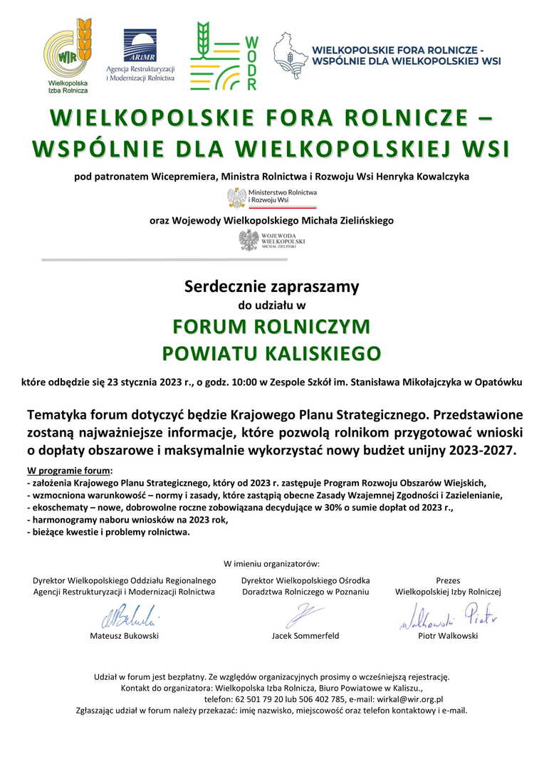 zaproszenie do udziału w FORUM ROLNICZYM POWIATU KALISKIEGO w Opatówku 23 stycznia 2023 r., o godz. 10:00 w Zespole Szkół im. Stanisława Mikołajczyka 

