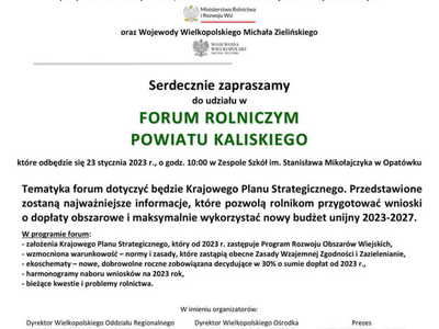 zaproszenie do udziału w FORUM ROLNICZYM POWIATU KALISKIEGO w Opatówku 23 stycznia 2023 r., o godz. 10:00 w Zespole Szkół im. Stanisława Mikołajczyka
