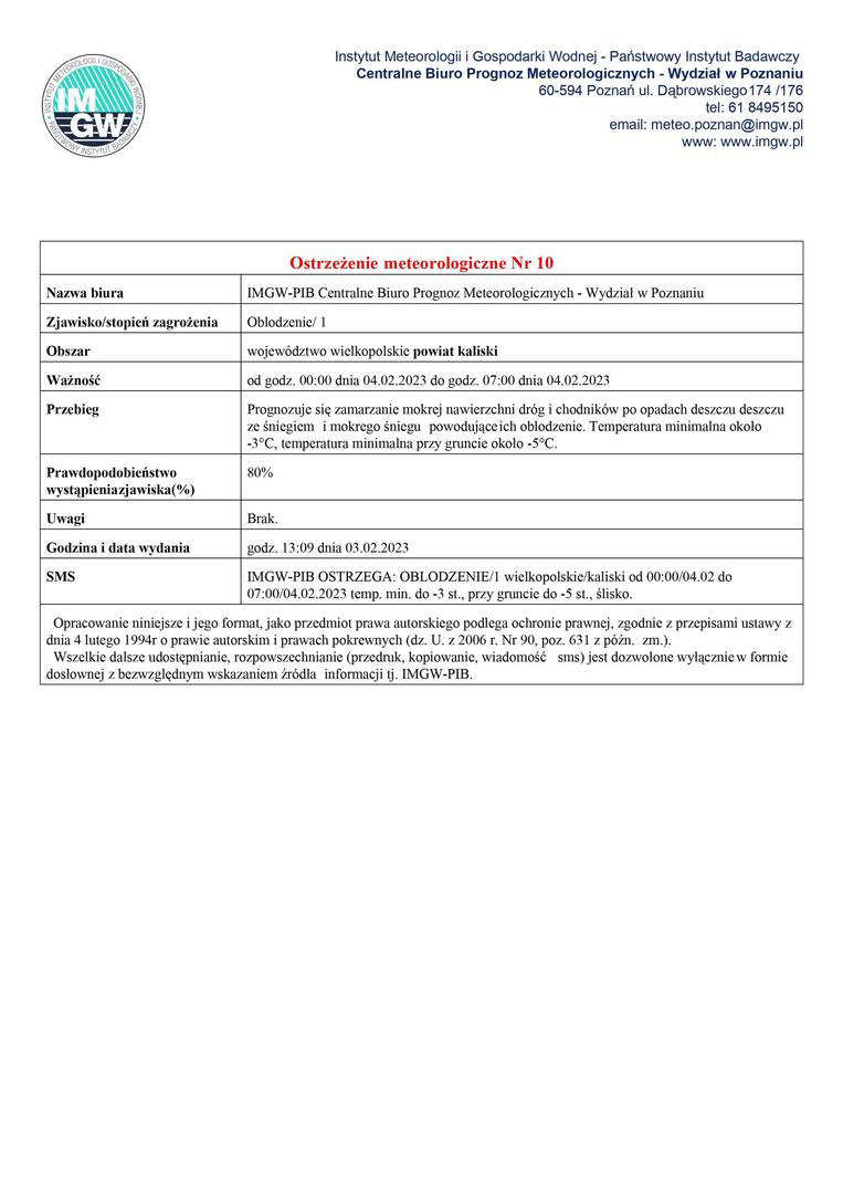 Ostrzeżenie meteorologiczne - marznąca nawierzchnia, opady deszczu powodujące oblodzenie Ostrzeżenie obowiązuje od godz. 00:00 dnia 04.02.2023 do godz. 07:00 dnia 04.02.2023