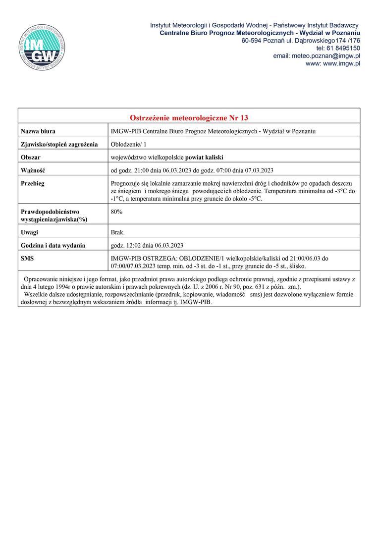 ostrzeżenie meteorologiczne - oblodzenie - obowiązuje od godz. 21:00 dnia 06.03.2023 do godz. 07:00 dnia 07.03.2023