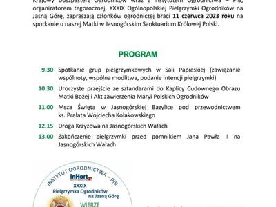 zaproszenie na XXXIX pielgrzymkę polskich ogrodników na Jasną Górę 11 czerwca 2023 roku