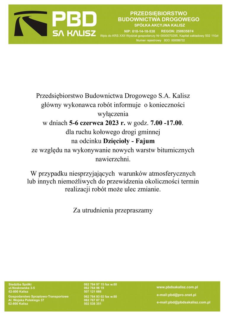 informacja o zamknięciu drogi w dniach 5-6 czerwca 2023 w godzinach 17.00-17.00 ze względu na remont