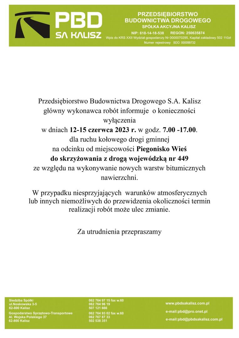 Informacja dotycząca przebudowy drogi na odcinku Piegonisko Wieś do skrzyżowania z drogą wojewódzką nr 449