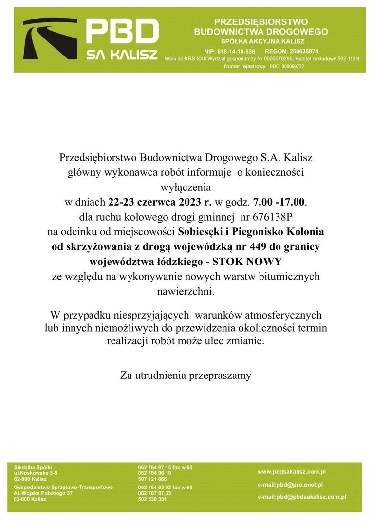 22-23 czerwca 2023 zamknięcie drogi gminnej 676138P
