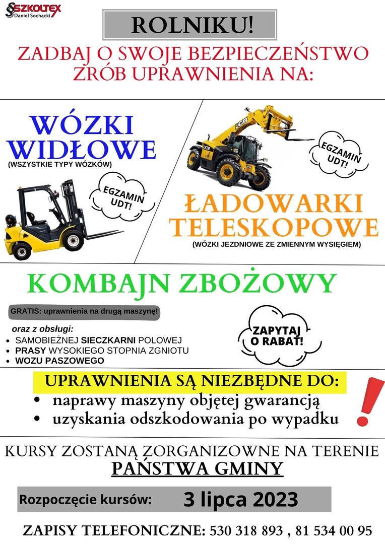 kursy na kombajn i maszyny żniwne oraz kursy zawodowe - ładowarki teleskopowe i wózki widłowe - zapisy na kursy
