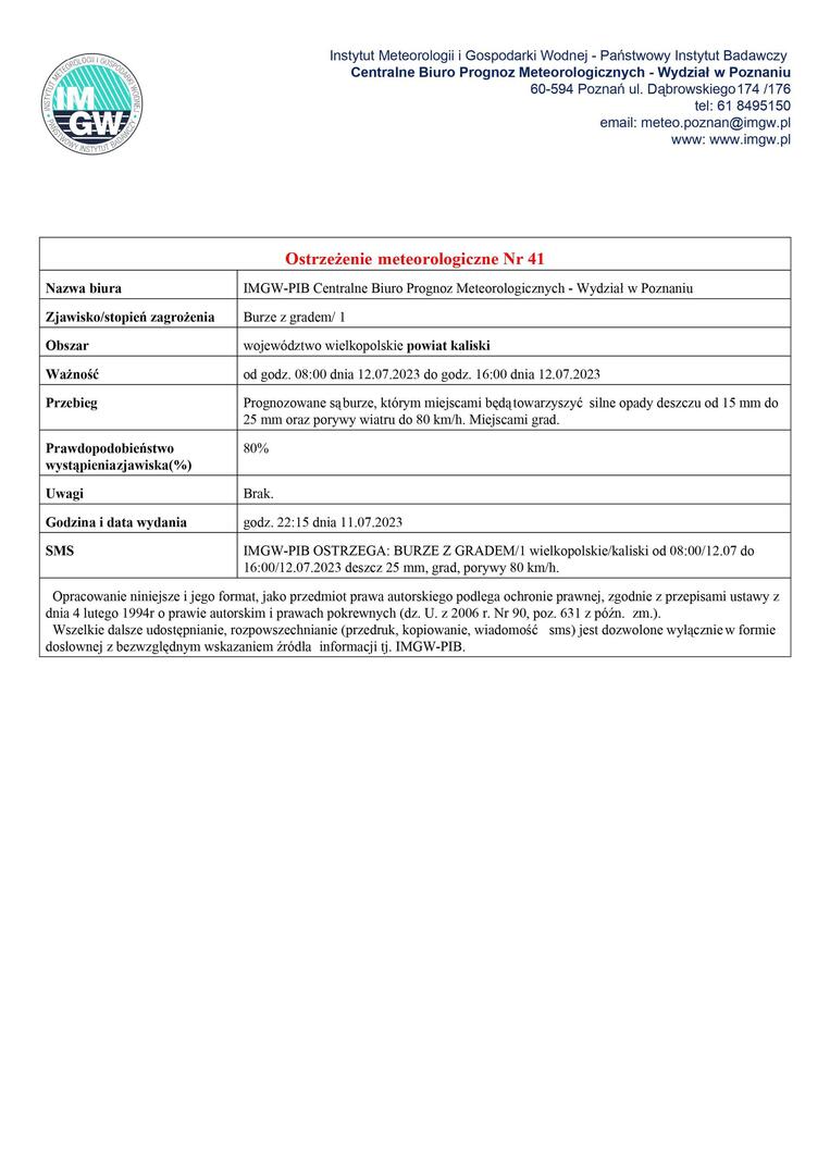ostrzeżenie meteorologiczne burze z gradem obowiązuje od godz. 08:00 dnia 12.07.2023 do godz. 16:00 dnia 12.07.2023