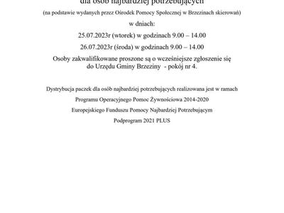 dystrybucja paczek żywnościowych dla najbardziej potrzebujących 25 i 26 lipca 2023