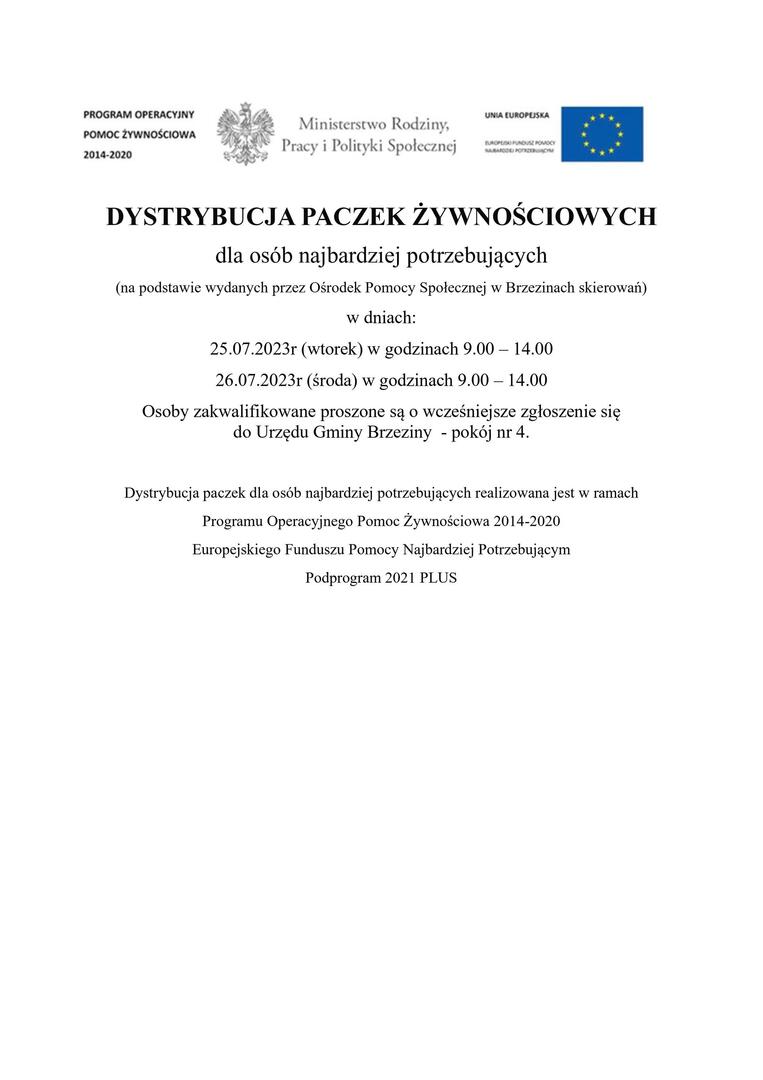 dystrybucja paczek żywnościowych dla najbardziej potrzebujących 25 i 26 lipca 2023