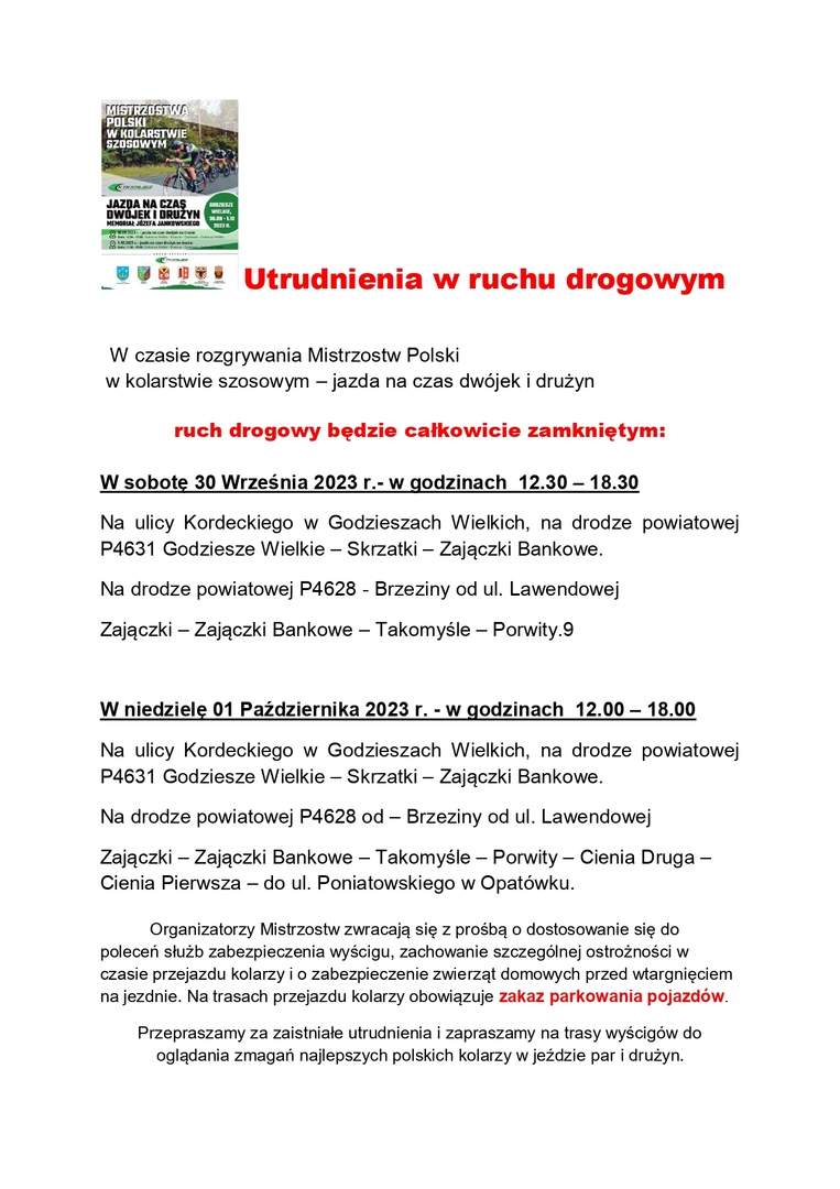 ulotka informacyjna o utrudnieniach w ruchu drogowym
