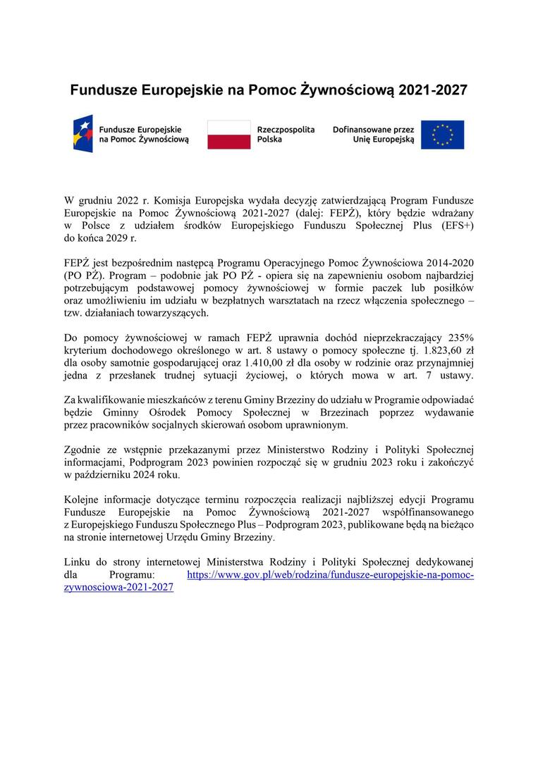 Fundusze Europejskie na Pomoc Żywnościową 2021-2027