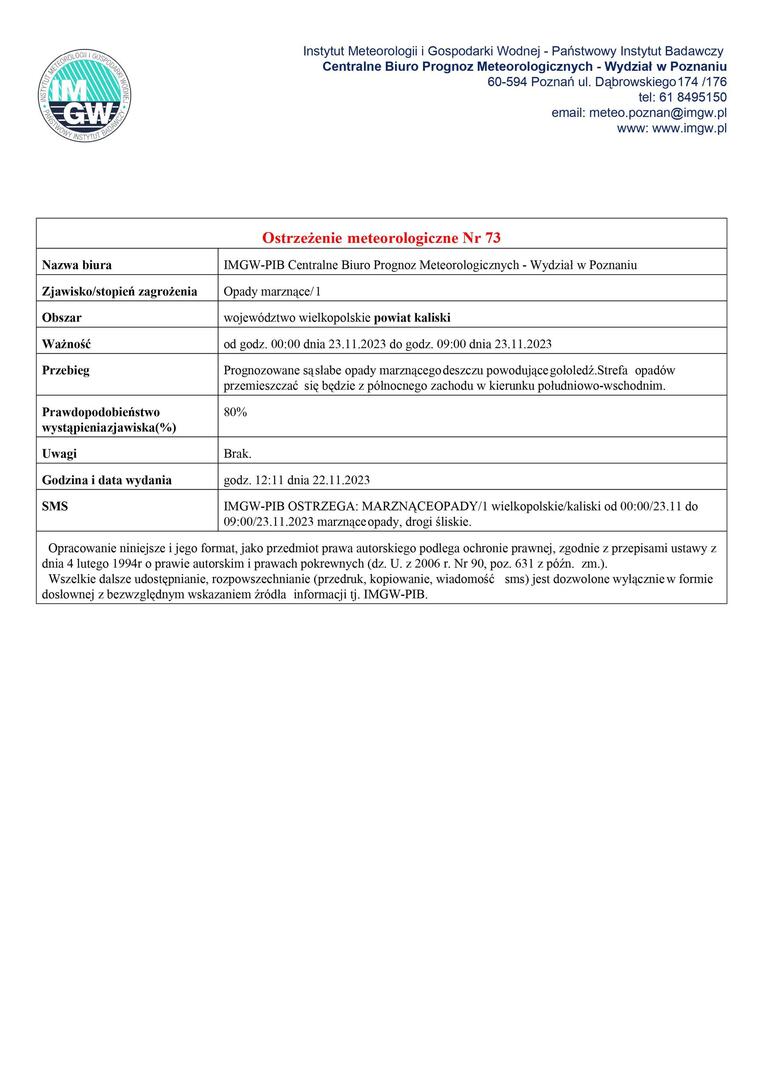 22.11.2023r. ostrzeżenie meteorologiczne - marznące opady 