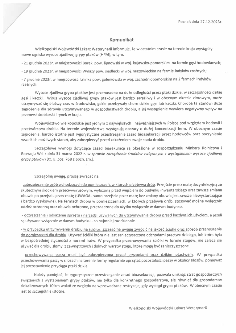 Komunikat Wielkopolskiego Wojewódzkiego Lekarza Weterynarii