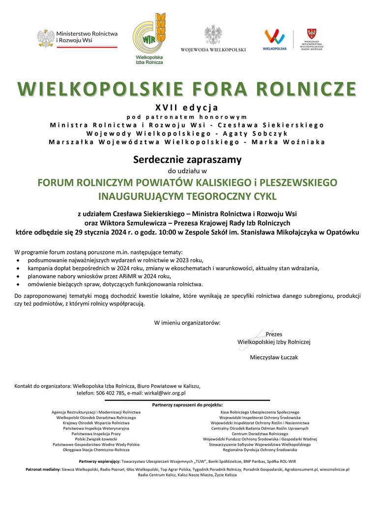 zaproszenie na forum rolnicze w opatówku 29.01.2024 godz. 10