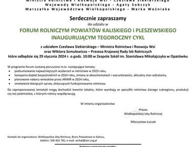 zaproszenie na forum rolnicze w opatówku 29.01.2024 godz. 10