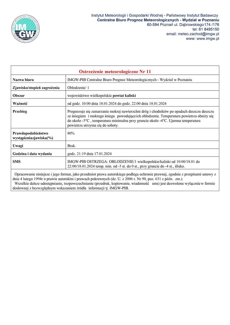 ostrzeżenie meteorologiczne - oblodzenie - obowiązuje od godz. 10:00 dnia 18.01.2024 do godz. 22:00 dnia 18.01.2024